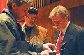 Garrison Keillor with David Tank looking at Wisconsin Wildflowers in 3D